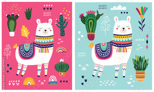 Colorful stylish summer illustration with Llama, cactus and flowers