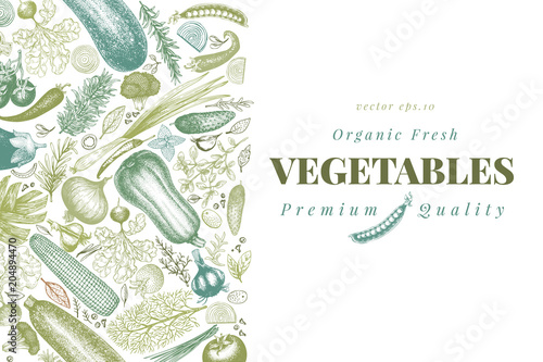 Vegetables hand drawn vector illustration. Retro engraved style banner. Can be use for menu, label, packaging, farm market products.