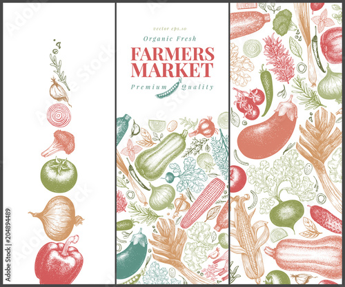 Vegetables hand drawn vector banner set. Retro engraved style illustrations. Can be use for menu, label, packaging, flyer, farm market products.