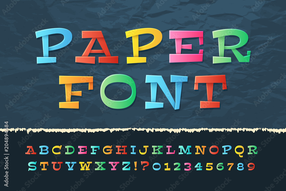 Color paper alphabet. Funny cartoon holiday font. School kids vector letters and numbers