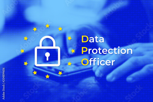 DPO - Data Protection Officer. EU flag with blue photo background. User protects their data on a mobile phone photo