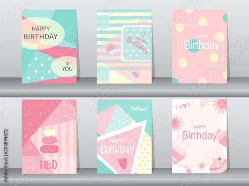 Set of birthday card on retro pattern design,vintage,poster,template,greeting,Vector illustrations 