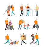 Young volunteers help to disabled and old people. Volunteer walking with dog, babysitting and assistance. Vector characters set