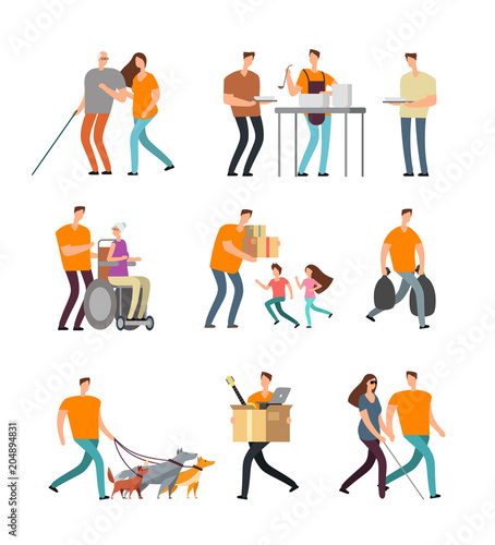 Young volunteers help to disabled and old people. Volunteer walking with dog, babysitting and assistance. Vector characters set