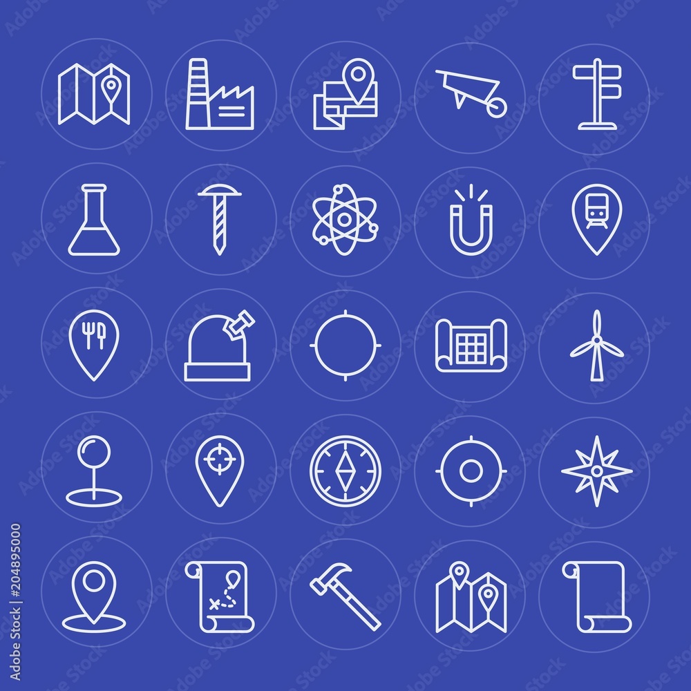 Modern Simple Set of industry, science, location Vector outline Icons. Contains such Icons as  map, location, travel,  construction, factory and more on blue background. Fully Editable. Pixel Perfect.
