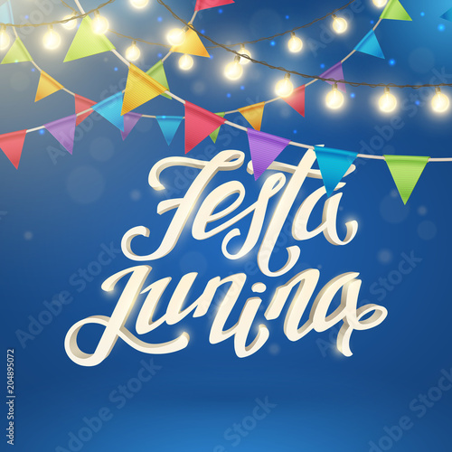 Vector festive illustration with realistic garlands with colored paper flags, fairy glowing lights and a 3d text “Festa Junina”. Holiday background with paper party banners and hanging string of bulbs