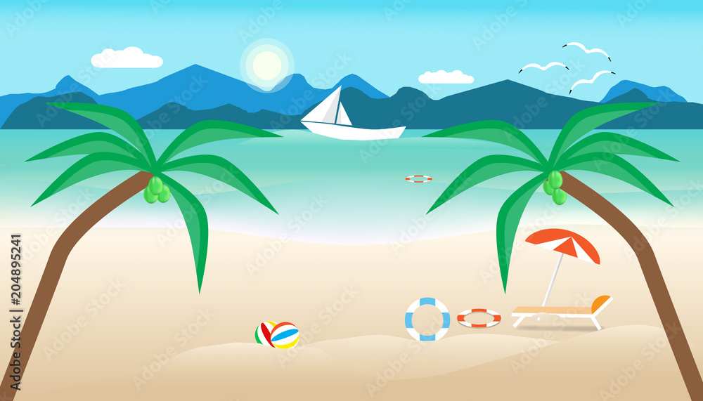 summer time with umbrella ball chair on beach. boat in sea and sun bird fly bright over blue sky cloud mountain background. concept holiday illustration vector flat design