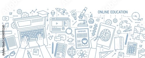 Horizontal banner with hands typing on computer and various office supplies drawn with contour lines on white background. Online education, internet studying. Vector illustration in lineart style.