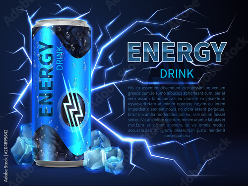 Energy drink can surrounded of electrical discharges and sparks on dark blue. Packaging advertising vector background
