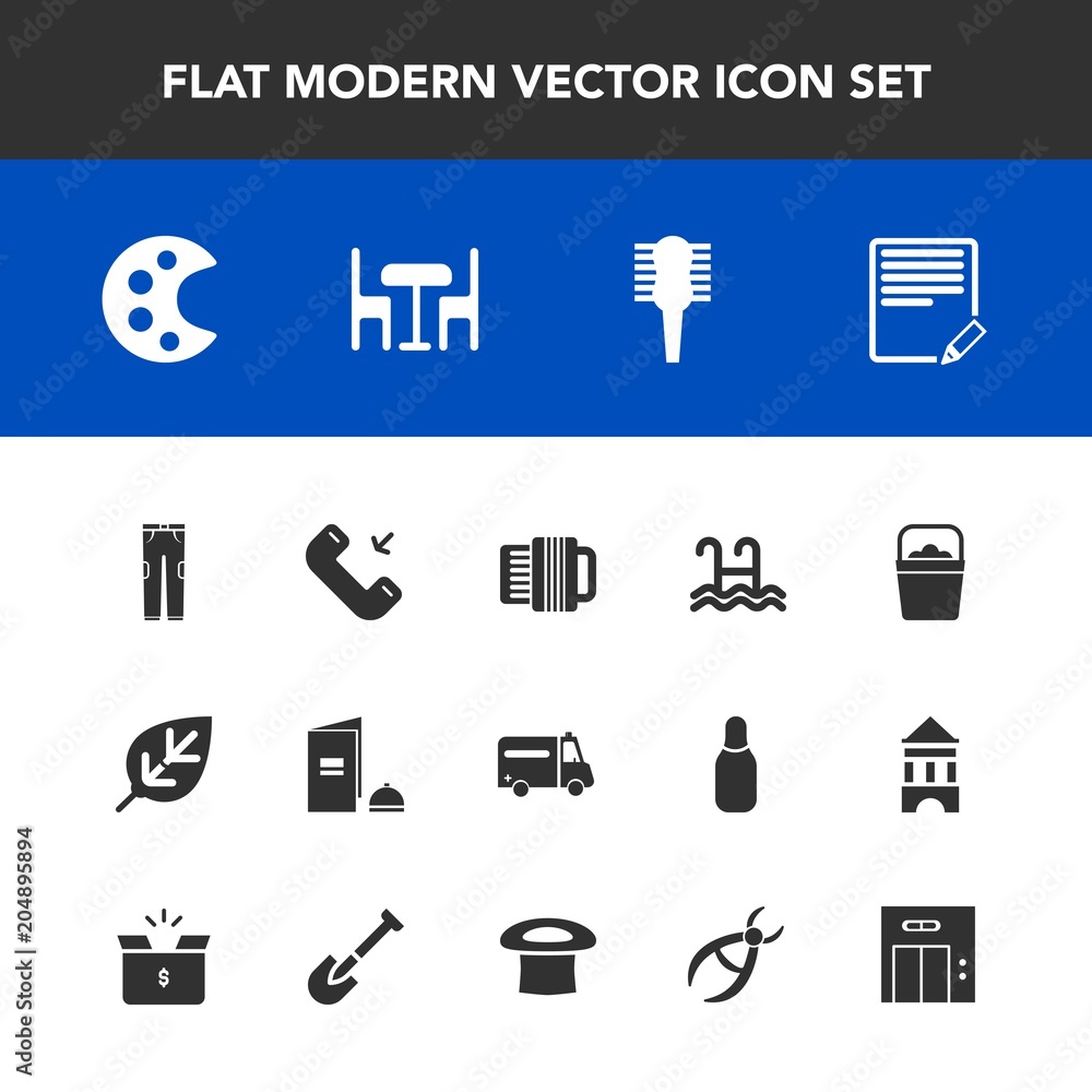 Modern, simple vector icon set with pool, document, phone, chair, plant, elevator, palette, brush, bucket, brochure, hospital, book, water, sign, pants, object, call, natural, lift, art, comb icons Modern, simple vector icon set with pool, document, phone, chair, plant, elevator, palette, brush, bucket, brochure, hospital, book, water, sign, pants, object, call, natural, lift, art, comb icons
