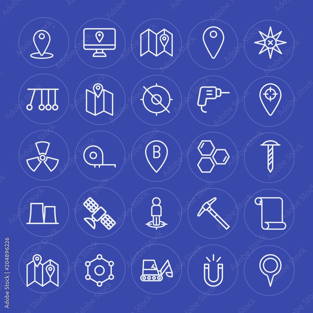 Modern Simple Set of industry, science, location Vector outline Icons. Contains such Icons as  motion,  physics,  industry, work, route, map and more on blue background. Fully Editable. Pixel Perfect.