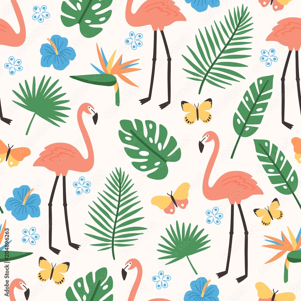 Summer seamless pattern with exotic jungle foliage, pink flamingos, exotic blooming flowers and butterflies on white background. Flat bright colored vector illustration for wallpaper, wrapping paper. Summer seamless pattern with exotic jungle foliage, pink flamingos, exotic blooming flowers and butterflies on white background. Flat bright colored vector illustration for wallpaper, wrapping paper.