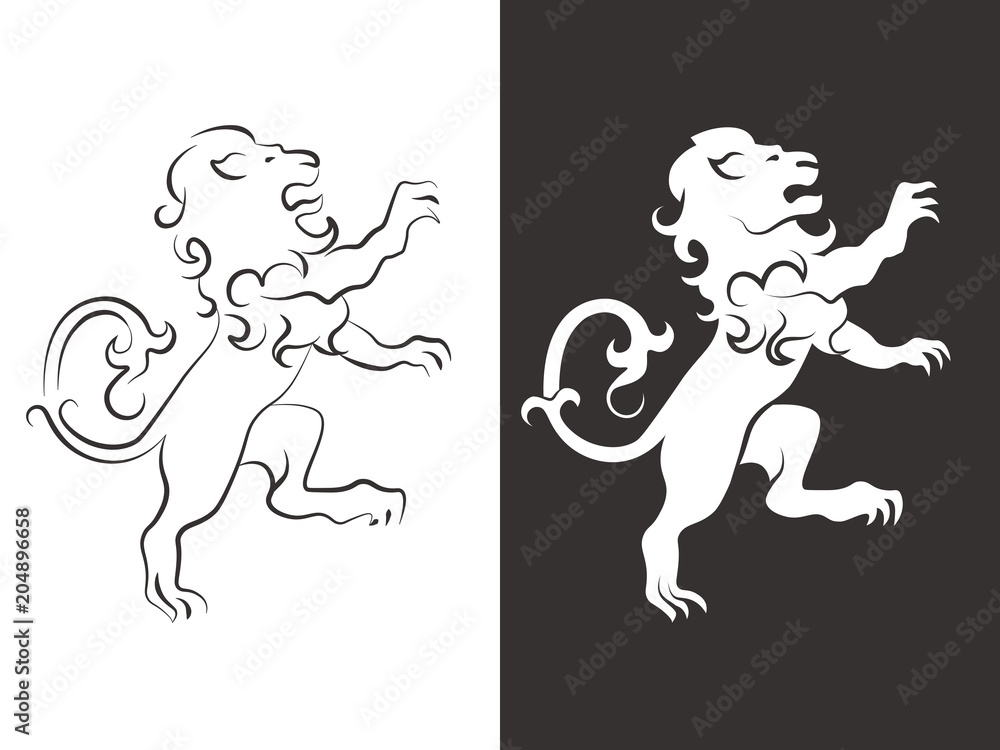 Heraldic lion vector. Line and silhouette lions for arms Heraldic lion vector. Line and silhouette lions for arms