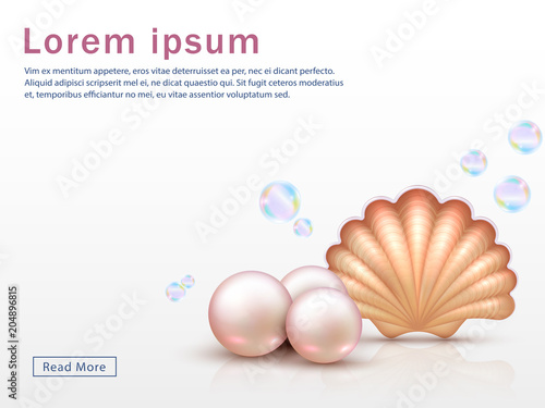 Web page template with realistic shell and pearls and colorful bubbles. Vector seashell background
