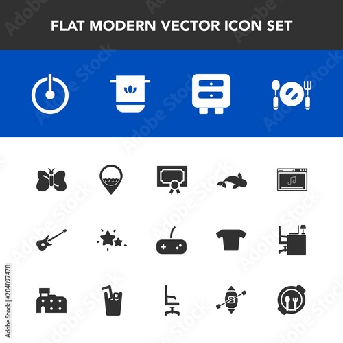 Modern, simple vector icon set with sky, plate, online, night, play, bathroom, towel, drawer, off, location, beauty, frame, fork, power, music, diploma, spoon, work, job, switch, joystick, knife icons