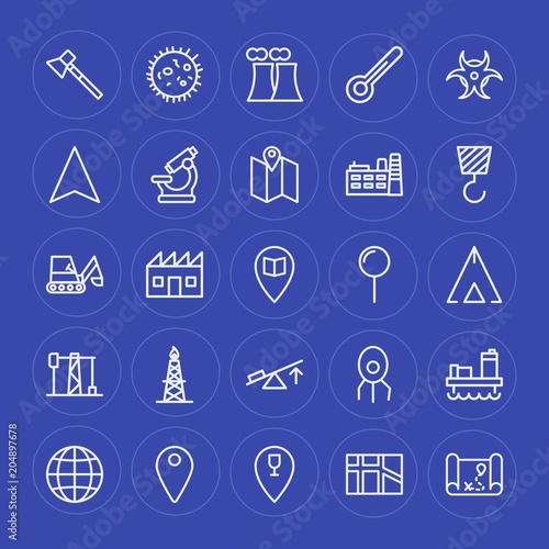 Modern Simple Set of industry, science, location Vector outline Icons. Contains such Icons as energy, industry, map, medicine, pin, oil and more on blue background. Fully Editable. Pixel Perfect.