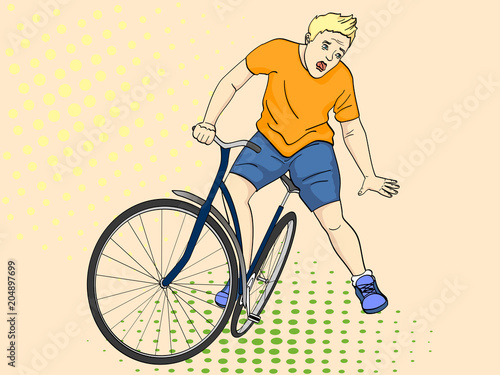 Pop art background. The man is falling off the bicycle. Emotion funk, pain, vector