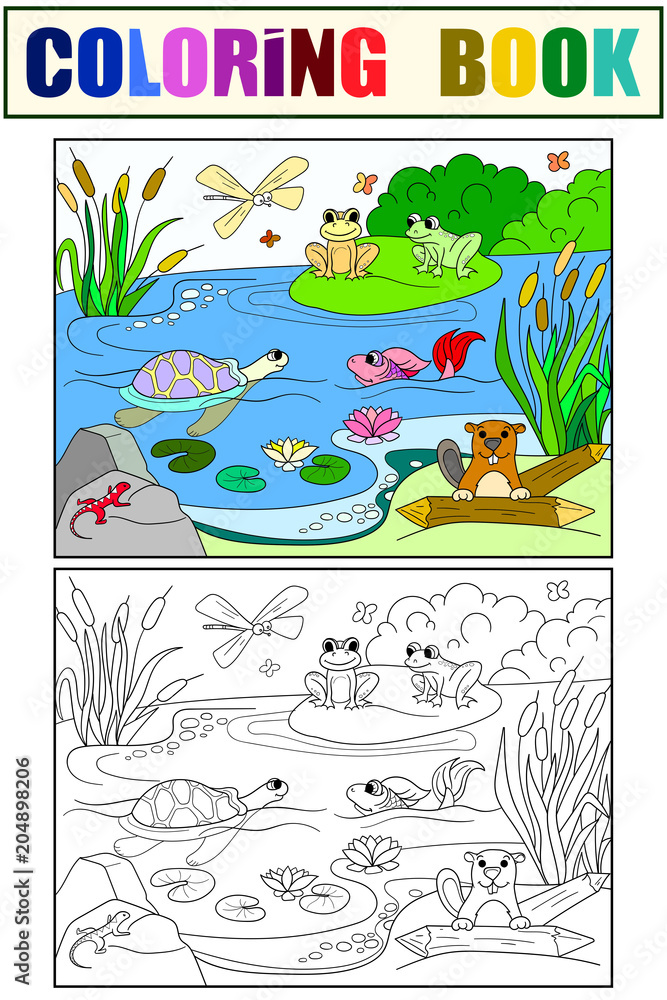 wetland landscape with animals color and coloring vector for adults