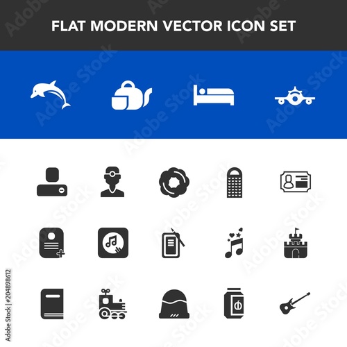 Modern, simple vector icon set with plane, inkstone, dolphin, business, doughnut, travel, ocean, human, food, sound, departure, contact, cheese, music, sweet, tool, airplane, hotel, social, cake icons