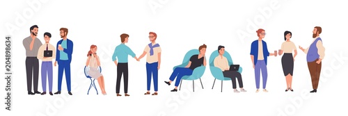 Men and women dressed in smart clothes take part in business meeting, formal discussion, conference. Male and female cartoon characters talk to each other, exchange information. Vector illustration.