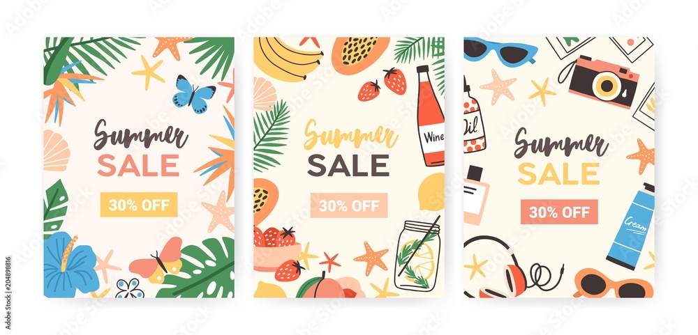 Obraz Collection of flyer templates for summer sale promotion or advertisement decorated with jungle foliage, exotic flowers, tropical fruits, sunglasses, seashells. Flat colorful vector illustration.