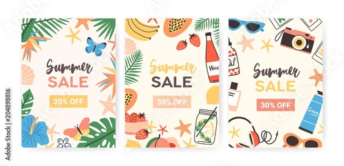 Collection of flyer templates for summer sale promotion or advertisement decorated with jungle foliage, exotic flowers, tropical fruits, sunglasses, seashells. Flat colorful vector illustration.