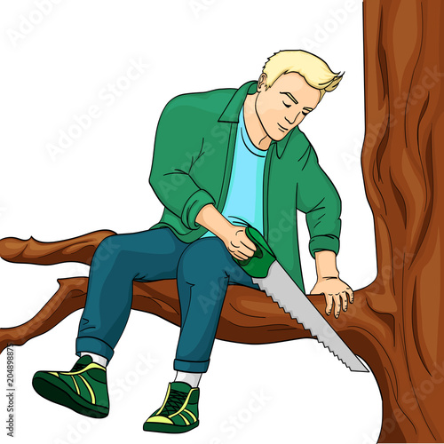Man sawing tree branch on which sits object on white background vector illustration. Make yourself worse metaphor.