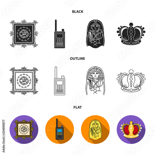 Picture, sarcophagus of the pharaoh, walkie-talkie, crown. Museum set collection icons in black,flat,outline style vector symbol stock illustration web.