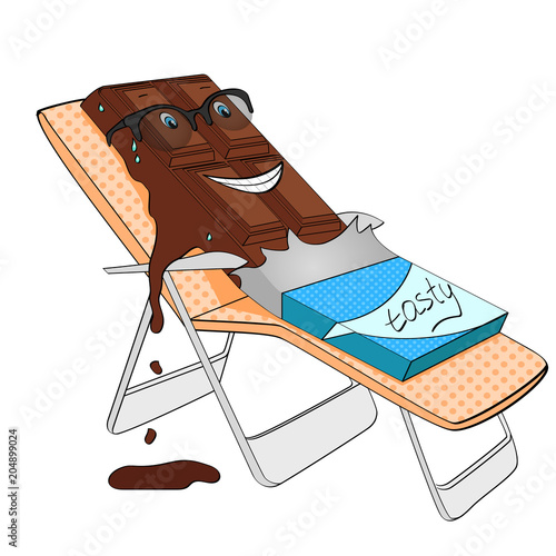 Chocolate bar melts on beach object on white background vector. Cartoon food character. Color background.