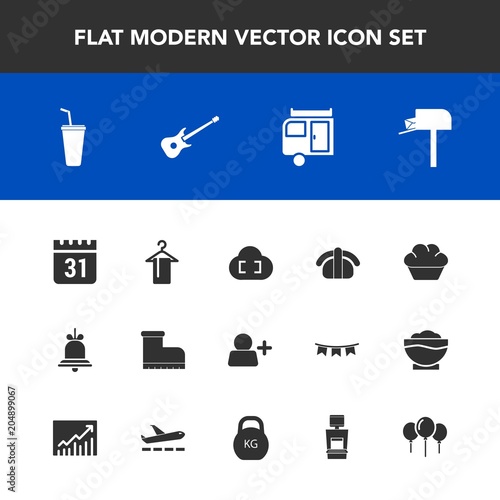 Modern, simple vector icon set with leather, schedule, sign, drink, add, alarm, caravan, vacation, musical, sweet, salmon, account, day, fashion, music, timetable, dessert, cake, cold, time, box icons