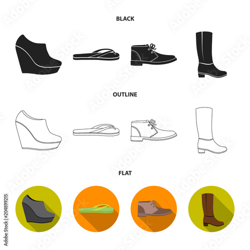 Autumn black shoes on a high platform, flip-flops green for relaxation, sandy men autumn shoes, high brown boots. Shoes set collection icons in black,flat,outline style vector symbol stock