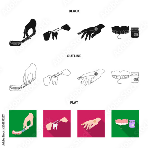 Anesthetic injection, dental instrument, hand manipulation, tooth cleaning and other web icon in black,flat,outline style.bactericidal plaster, medicine icons in set collection.