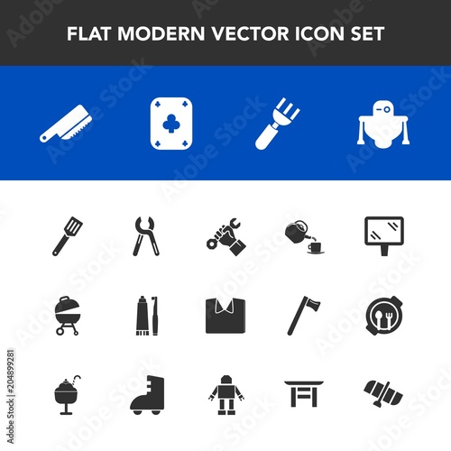 Modern, simple vector icon set with road, barbecue, grill, industrial, cutlery, hygiene, android, food, fashion, tea, foreman, robot, futuristic, street, helmet, sign, cup, builder, toothbrush icons
