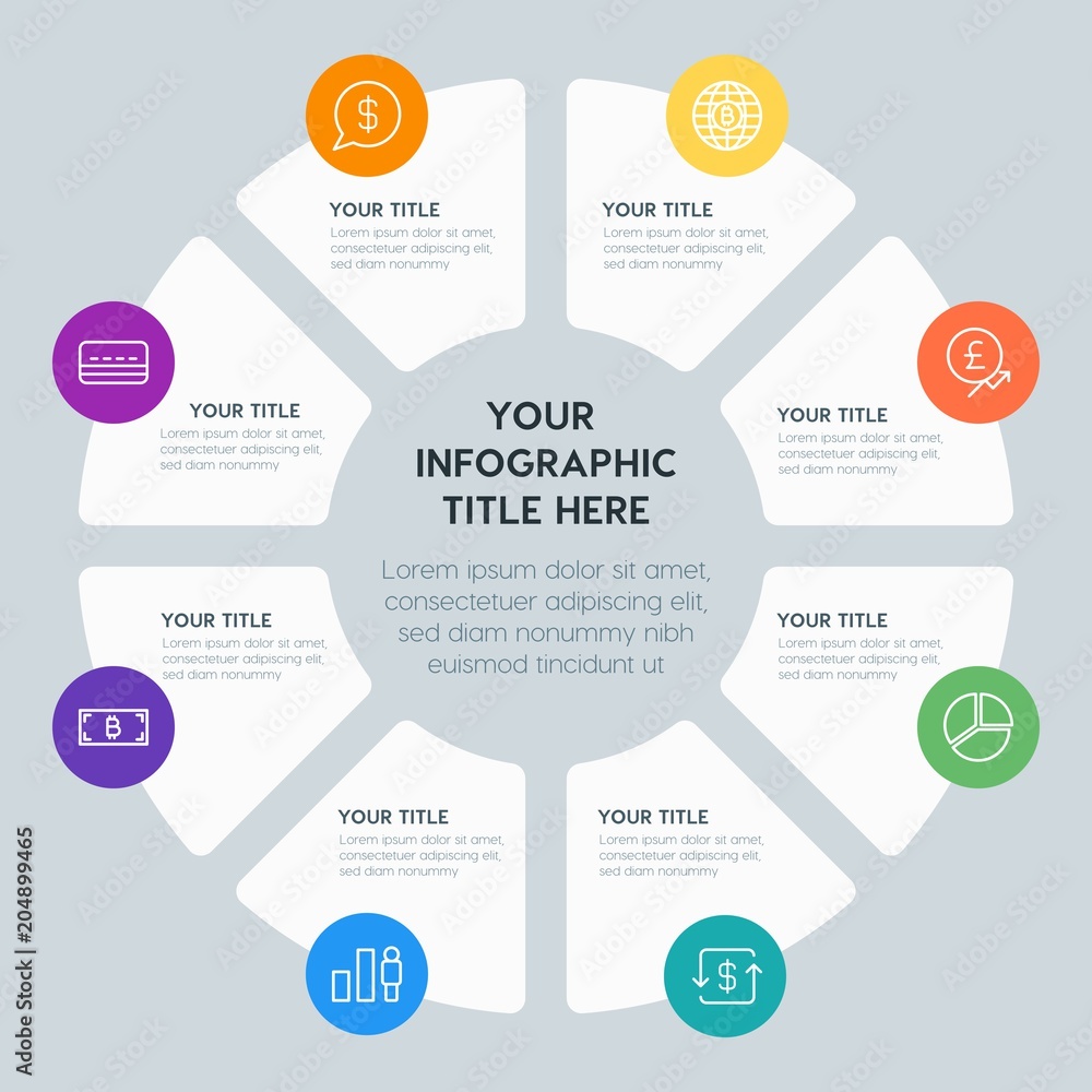 Circle chart money, charts infographic template with 8 options for presentations, advertising, annual reports Circle chart money, charts infographic template with 8 options for presentations, advertising, annual reports