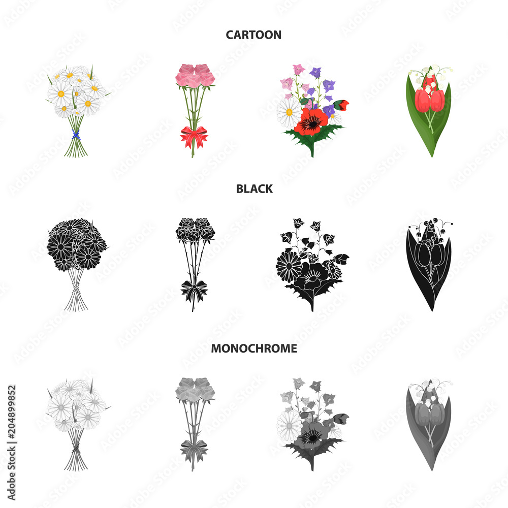 Fototapeta A bouquet of fresh flowers cartoon,black,monochrome icons in set collection for design. Various bouquets vector symbol stock web illustration.