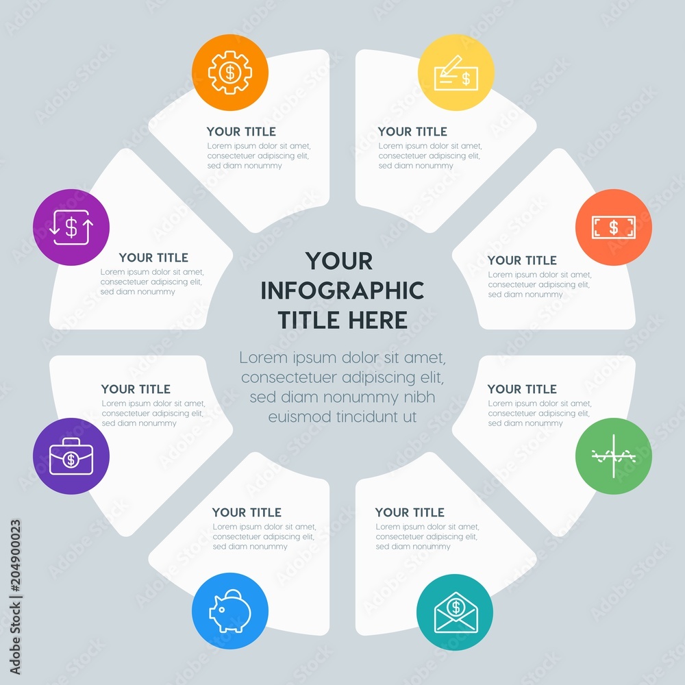 Circle chart money, charts infographic template with 8 options for presentations, advertising, annual reports Circle chart money, charts infographic template with 8 options for presentations, advertising, annual reports