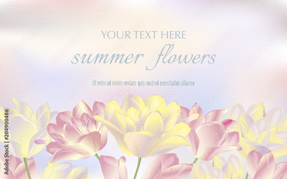 Template for greeting cards, wedding decorations, sales. Vector horizontal banner with tulips. Spring or summer design.