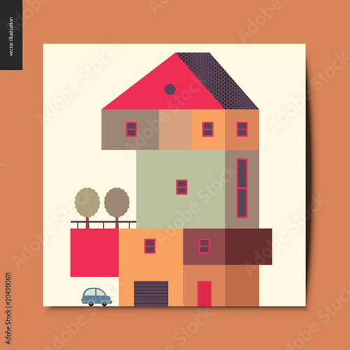 Simple things - house - flat cartoon vector illustration of a colorful countryside house with a terrace and trees on it, and a car next to the garage, summer postcard