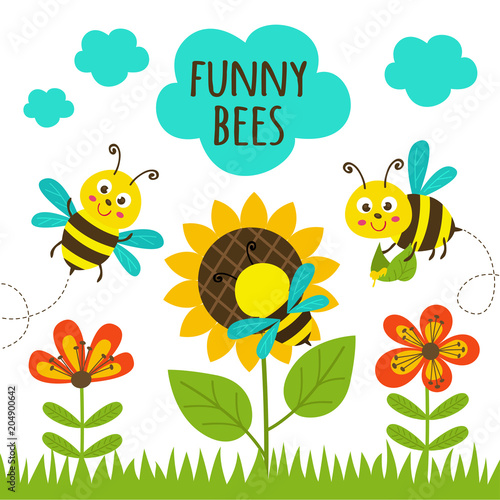 card with funny bees - vector illustration, eps 