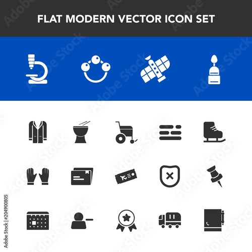 Modern, simple vector icon set with jacket, ticket, sweet, document, business, table, paper, musical, winter, airplane, fashion, ice, biology, wheelchair, layout, station, skating, microscope icons