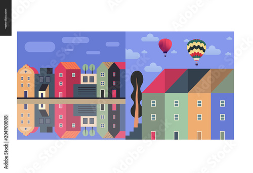 Simple things - color - flat cartoon vector illustration of houses row of town houses, canal bank, clouds, sky, townhouses, tall trees, hot air balloons and clouds - colour composition