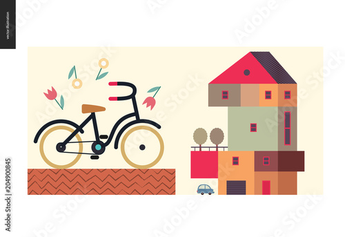 Simple things - color - flat cartoon vector illustration of four storey colorful countryside house, terrace, trees, car, garage, bicycle with yellow wheels surrounded by flowers - colour composition