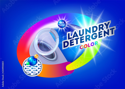 Laundry detergent for colored fabrics. Template for laundry detergent. Package design for Washing Powder & Liquid Detergents. Vector illustration