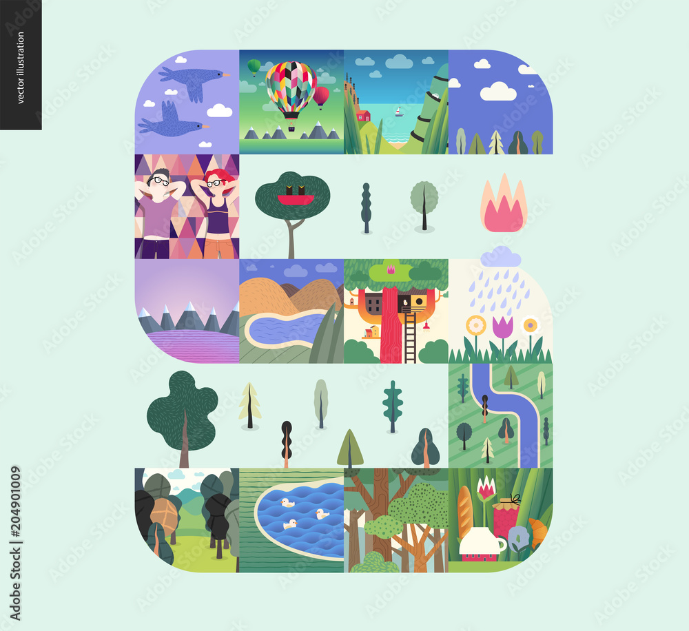 Simple things - forest set on a mint background - flat cartoon vector illustration of forest, ducks, river, trees, couple, birds, flowers, tee meal, tree house, seapiece, boat and lake - composition