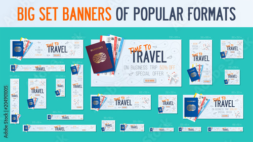 Big set banners adapted to popular formats for your website, ads. Business trip banner. Passport with tickets. Air travel concept. Business travel illustration.