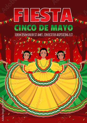 Cinco De Mayo poster design. Dancing girls in colorful dresses on the red background