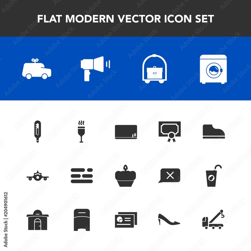 Modern, simple vector icon set with frame, vacation, machine, certificate, hotel, table, business, footwear, housework, template, chalk, plane, room, food, play, wash, megaphone, achievement icons Modern, simple vector icon set with frame, vacation, machine, certificate, hotel, table, business, footwear, housework, template, chalk, plane, room, food, play, wash, megaphone, achievement icons