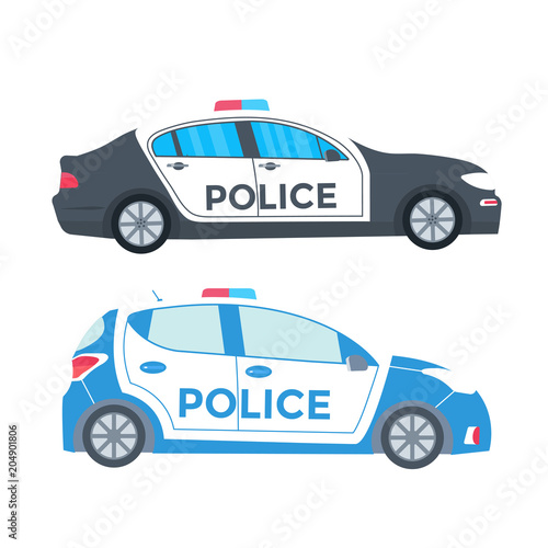 Police patrol on a road with police car.