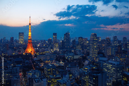 Aerial view over Tokyo tower and Tokyo cityscape with high rise architecture at sunset in Tokyo, Japan © BOOCYS