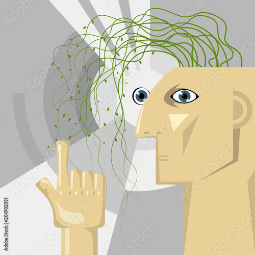 Artificial intelligence concept design, Vine plants grow in the brain.